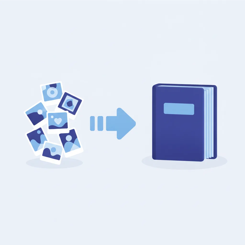 Photo cards assembling into a finished multi-page PDF document