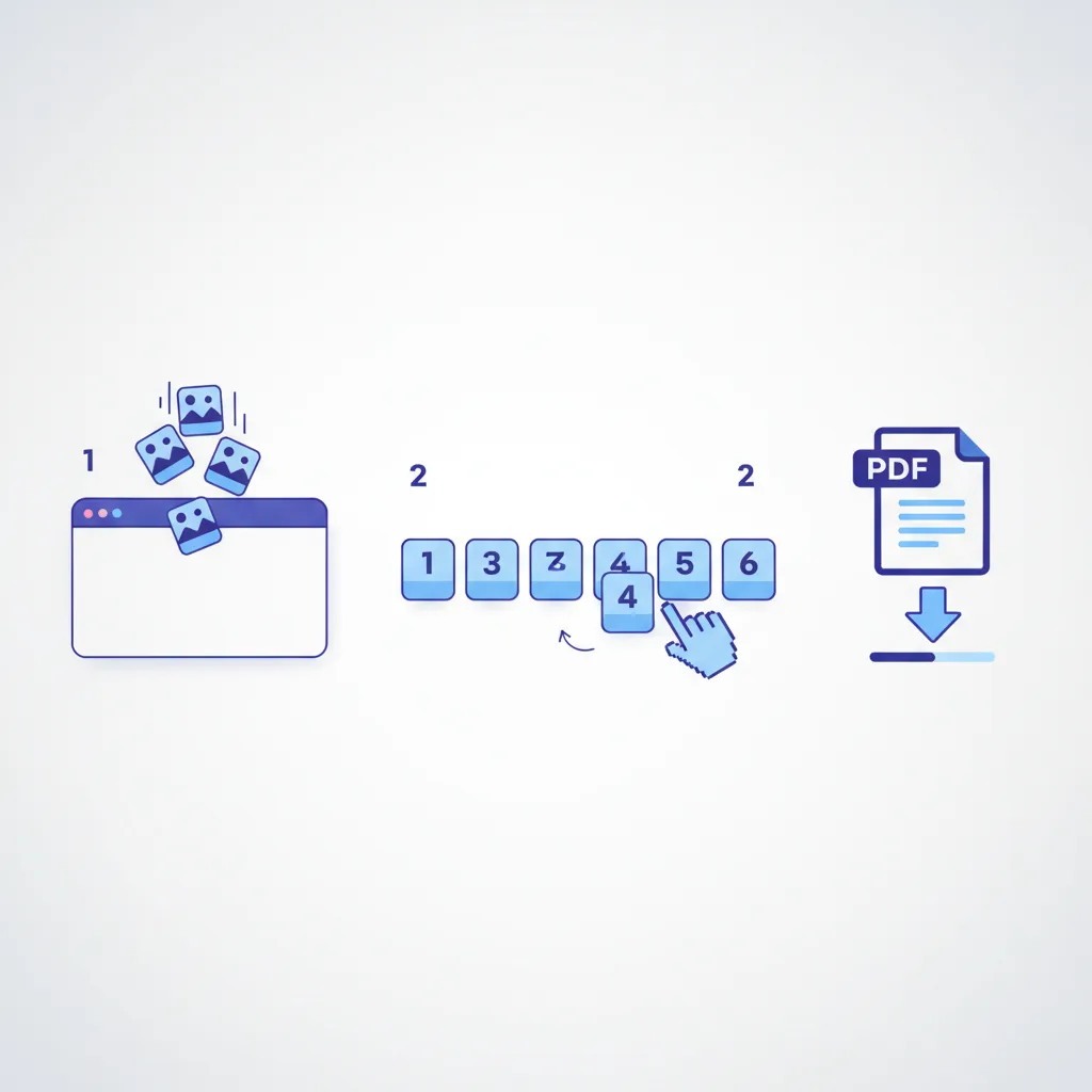 Three steps to merge JPG to PDF: upload photos, reorder thumbnails, download merged PDF