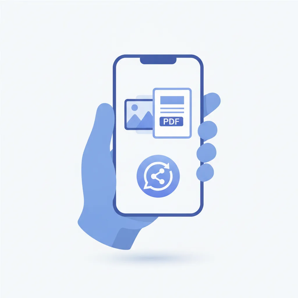 A smartphone converting a photo to PDF with a WhatsApp share button visible