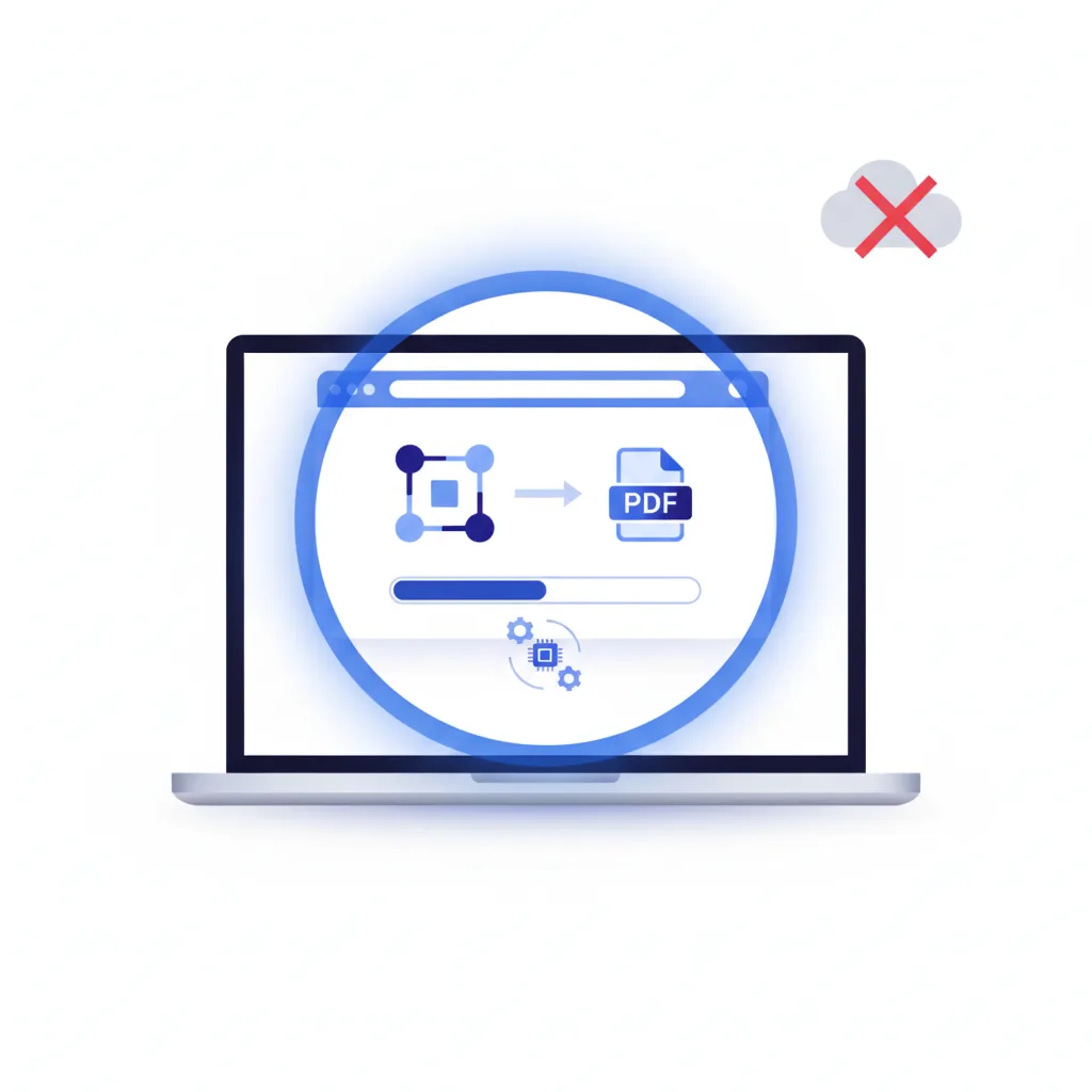A PDF converting inside a browser window protected by a privacy shield, with no cloud upload