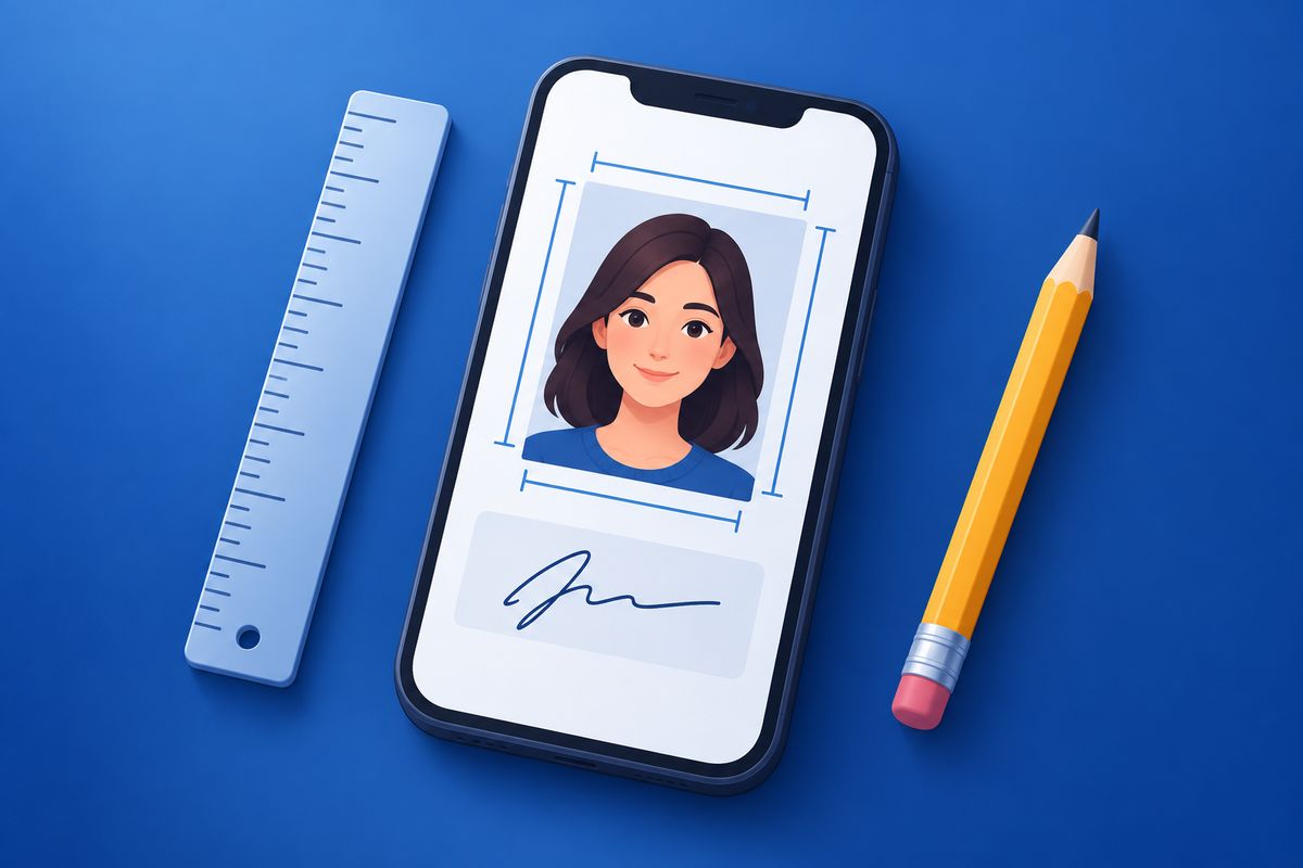 Illustration of a PAN card application photo and signature being sized on a phone