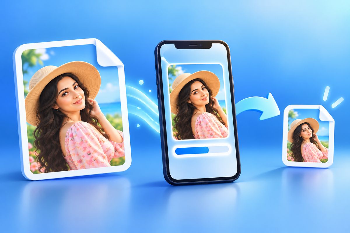 Illustration of a phone resizing a large photo into a small file in KB